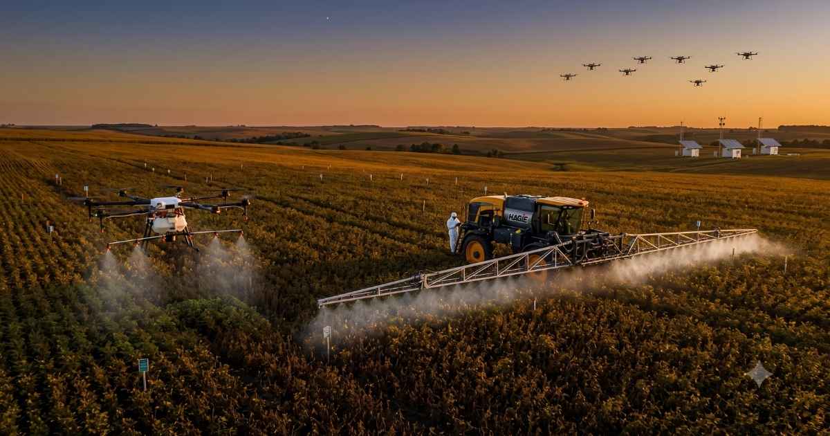 Uma das aplicações mais avançadas da inteligência artificial no campo é a pulverização seletiva (Foto: Imagem gerada por IA/Gemini)